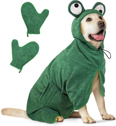Рушник для собак JOLOV E Dog, супер вбираючий, для сушіння після купання, м'який, з регульованою застібкою, для лазні, плавання, прогулянок у дощ, розмір L, колір зелений, зображення жаби