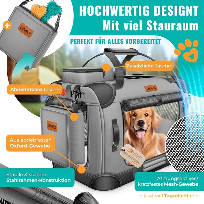 Транспортна переноска для собак та котів XXL 92x64x64 см | Переноска для тварин з мискою та плечовим ременем | Для котів та собак, сірого кольору