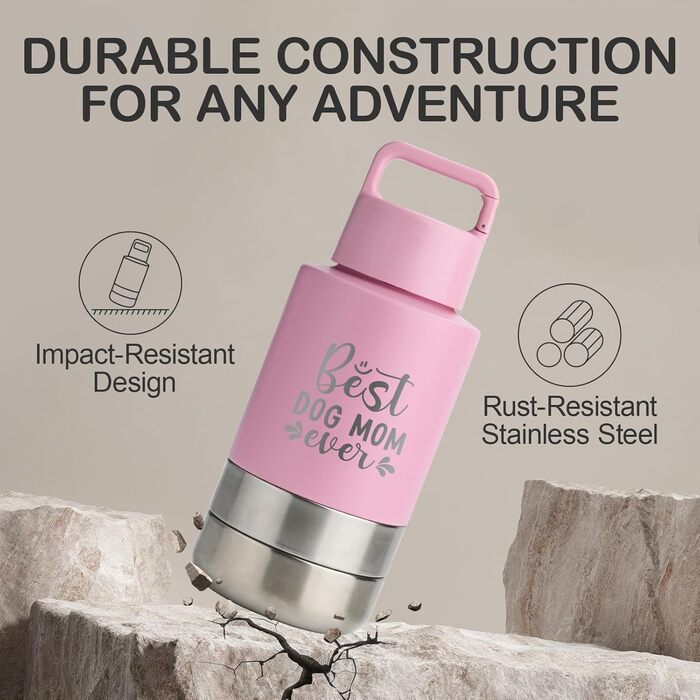 KEWIXY Водяна пляшка для собак з мисками, 3-в-1, для прогулянок, подорожей, кемпінгу, Outdoor (Рожевий, 907.2 мл)