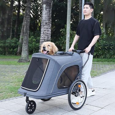 Легкий велопричіп для тварин, великий возик, складний причіп в один клік, для собак до 45 кг, великих собак та котів сірого кольору