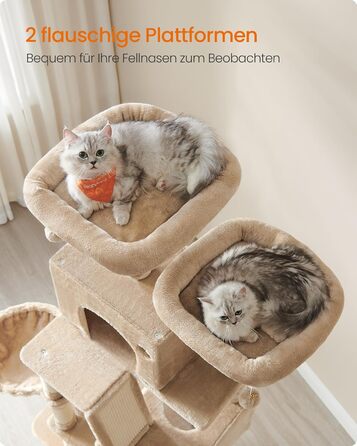 Великий котячий комплекс Feandrea з 13 стовпчиками для дряпання, 2 платформами, 2 печерами, гамаком та кошиком, 168 см, PCT165W01 (XXL, бежево-коричневий)