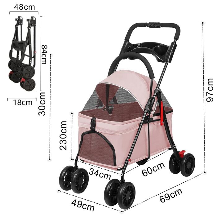 Дитяча коляска для собак та котів Homewell, складана, до 20 кг, рожева
