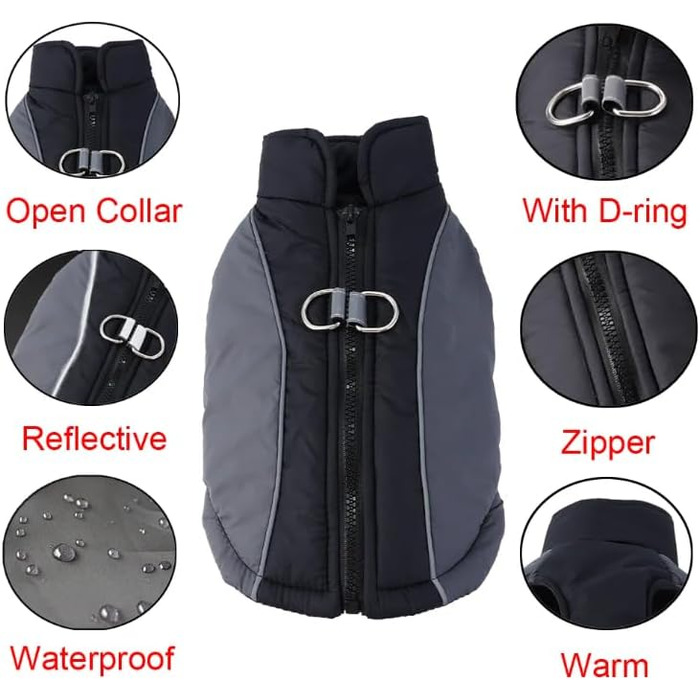 Водонепроникна тепла куртка для собак, відбиваючі елементи, D-Ring, блакитна, розмір M