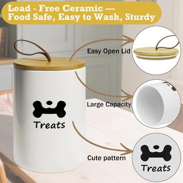Керамiчний контейнер для ласощів для собак, 7.7'x5', білий, з кришкою