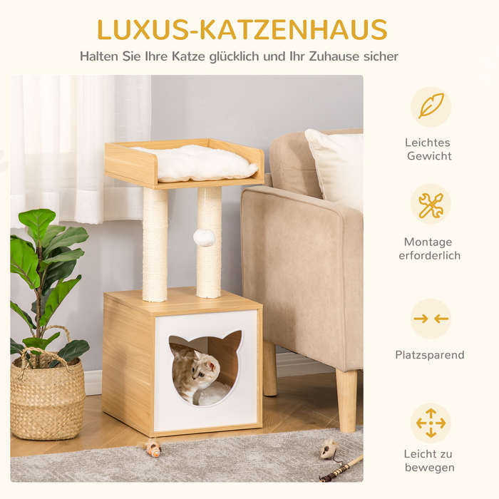 PawHut Котяча печера з котячою печерою та 2 подушками, 2 яруси включаючи котячий будинок, іграшка з м'ячем, котяча квартира, сизаль, натуральна, 35 x 35 x 81 см | Аосом