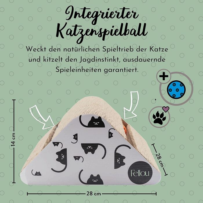 Іграшка для котів Fellou з дзвіночком та котячою м'ятою, когтеточка-панель з антиковзкими ніжками та котячою м'ятою, іграшка-трикутник для котів (2 м'ячики)