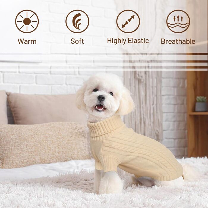Теплий святковий пуловер для собак - пуловер з вирізом для повідка, для чихуахуа, рейнхаунд та котів (S/M), бежевий
