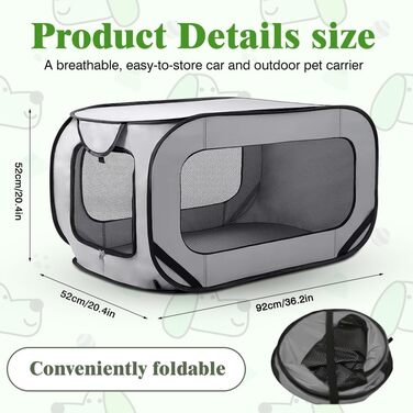 Складана переноска для собак, 92x52x52 см, з двома дверцятами, Pop-Up, Oxford, дихаюча, міцна, для собак та котів до 29.5 кг (сіра)