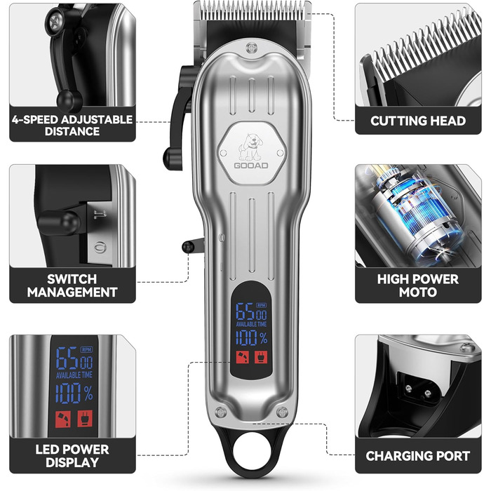 Професійний набір для догляду за собаками: триммер для подушечок лап, бездротовий шерстеріз для густого хутра, тихий нашийник-шлифувальник, машинка для стрижки собак, котів та інших домашніх тварин (сріблястий)