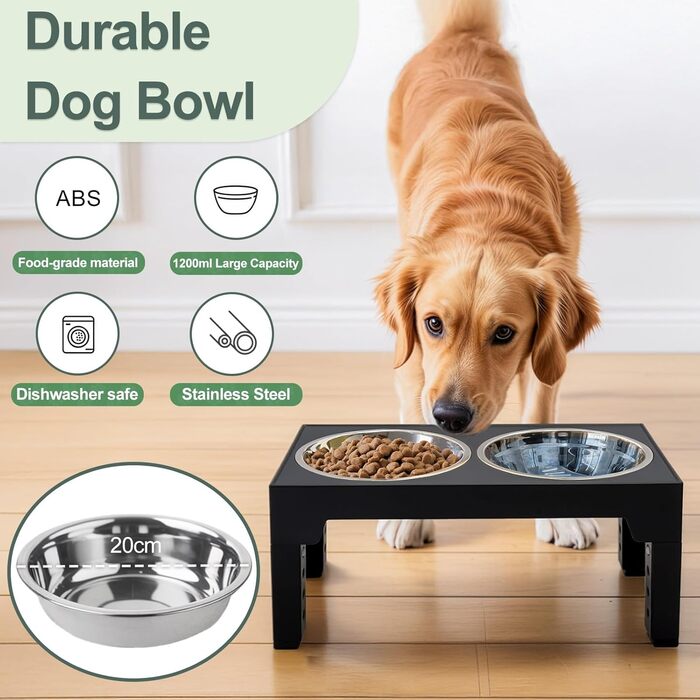 Підвищена годівниця для собак з регулюванням висоти (5 рівнів: 8см, 22см, 25см, 28см, 31см), з 2 мисками з нержавіючої сталі та 1 мискою для повільного годування, для собак маленьких, середніх та великих порід, з неслизьким дном, з BPA-free пластику, чорн