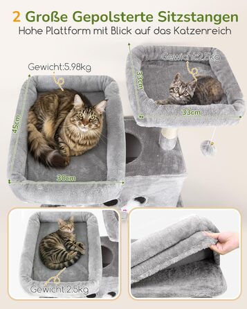Комплекс для котів Globlazer XXL (204 см) для 3-5 великих котів, колір світло-сірий: будиночки, платформа, гамак, кошик, іграшки