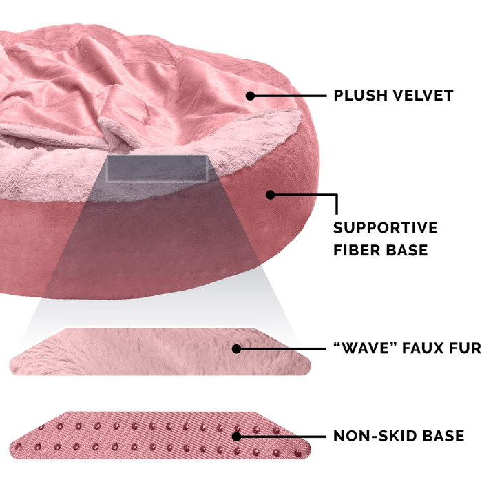 Кругла лежанка для собак Furhaven Donut з капюшоном, рожевий колір, розмір Small (61x61x18 см), плюш, вельвет, для заспокоєння, миється