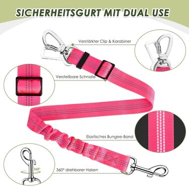 Ремінь безпеки для собак SlowTon, 2 шт. - Автомобільний поводок з регулюванням, еластичний амортизатор, міцний нейлон, світловідбиваючий ремінь безпеки для тварин (флуоресцентний рожевий)