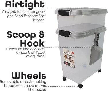 DIVCHI Контейнер для зберігання корму для тварин 3в1 з мірною ложкою, сірий. Підходить для собак, котів та інших тварин. Герметичний, з роликами, для сухого корму