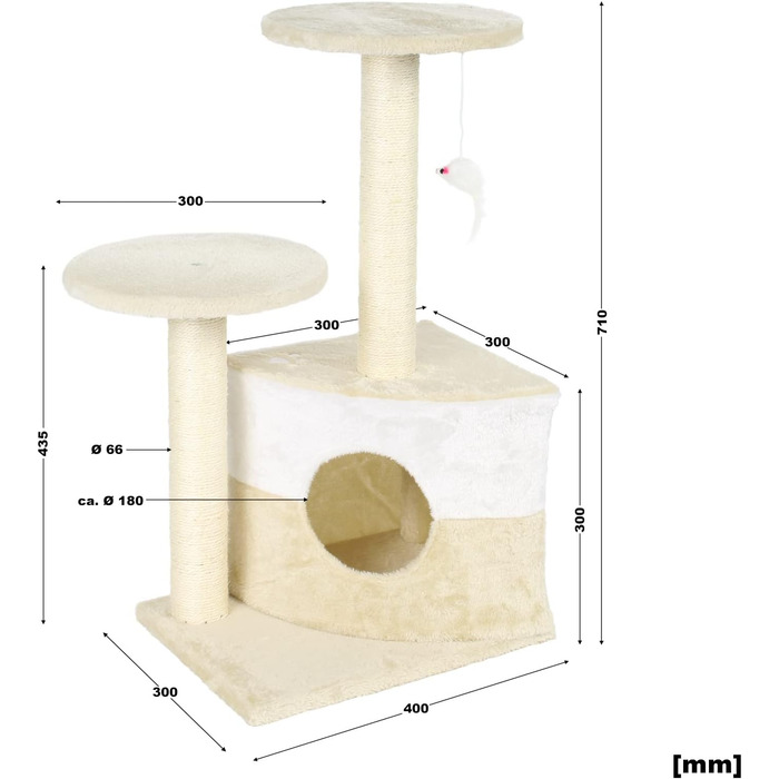 Дряпалка для котів Wiltec бежевого кольору, 71 см, з двома платформами, гніздом та іграшкою, кігтеточка-вежа для котів