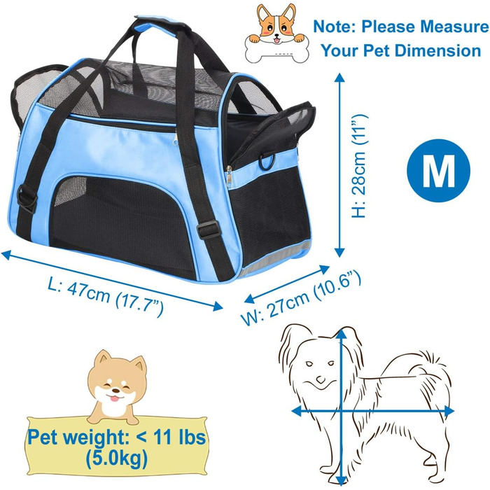 Транспортна переноска для тварин: кіт, собака, кролик, хом'як. Переноска для подорожей літаком, м'яка, з плечовим ременем (M, 47x27x28 см, до 5 кг)