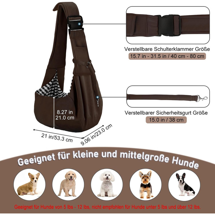 PetLoft Тканинна переноска для собак, реверсивна, регульована, Cross-Body Carrier для собак/кішок/кроликів (Коричнева)