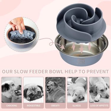 Миска для собак 2-в-1 Slow Feeder з нержавіючої сталі Bestalk, миска для їжі та води з антиковзним дном, 304 сталь, сірий колір, об'єм 1.5 чашки