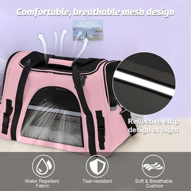 Транспортна сумка для тварин ZSMJAER з підстилкою з флісу, для котів та маленьких собак до 10 кг, рожева