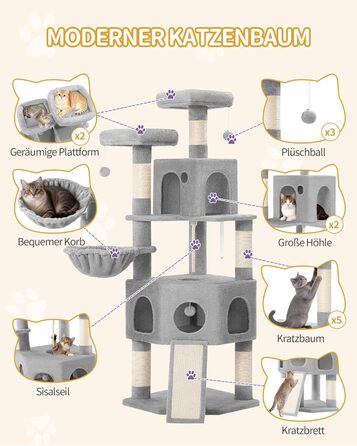 Кігтеточка для котів Hzuaneri, 174 см, XL, 2 платформи, 2 печери, 4 стовпчики, дошка для шліфування кігтів, мотузка з сизалю, плюшеві кульки, сірий колір, для кількох котів MS17418LG