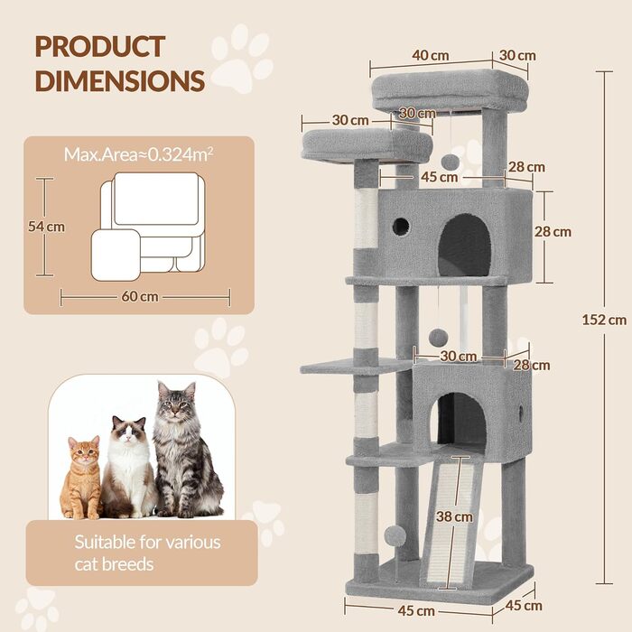 Котячий будиночок Kratzbaum 178 см, великий, сірий: кігтеточка, будиночок, платформа, іграшки