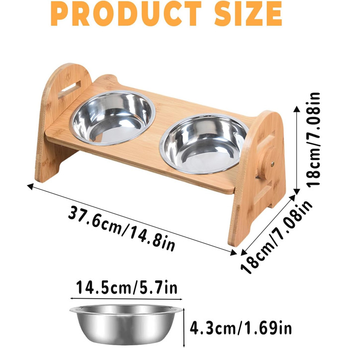 Набір мисок для собак та котів SilverChry: підняті миски з нержавіючої сталі, регульована висота, бамбукова годівниця, 2 шт.