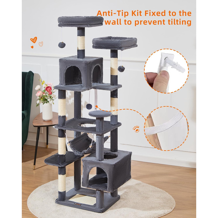 Дряпка для котів Taoqimiao MS020SG, котячий комплекс для дому, м'який будиночок з 6 стовпчиками, 2 лежаками, 2 домівками, гамаком і 3 іграшками-помпонами, сірий