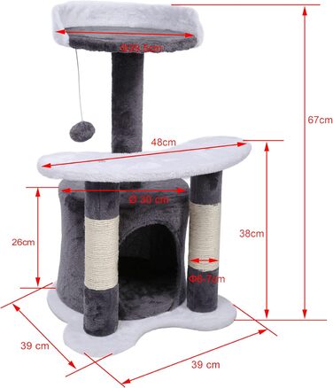 Дряпалка для котів Wiltec 67 см, чорно-біла, з сизалю, платформою, будиночком та іграшкою, крізьбаум для котів