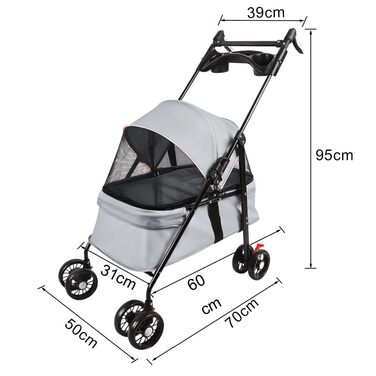 Складаний візок для тварин, 4 колеса, для собак/кішок, цуценят, 50 x 70 x 95 см (сірий)