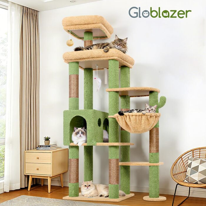 Драбина-будинок для котів Globlazer XL, 167 см, зелена, з платформами, корзиною та іграшками. Стабільна для 2-4 котів.