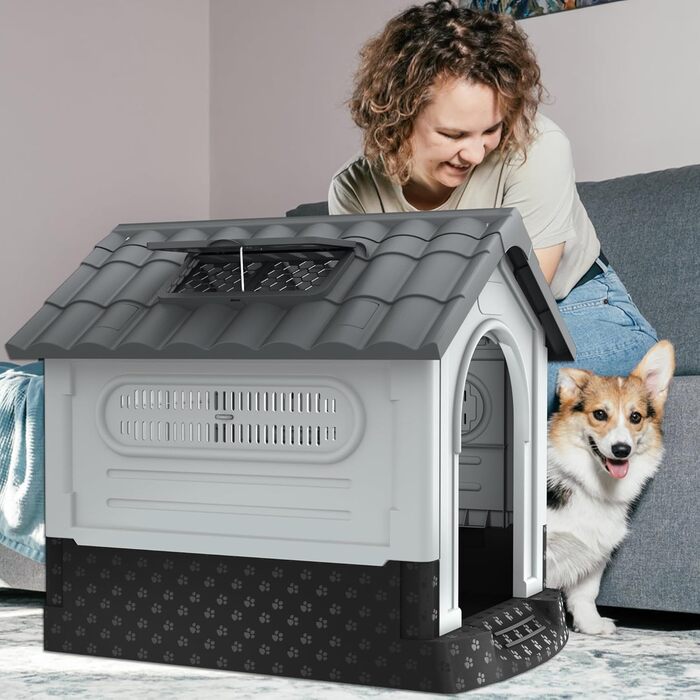 Будка для собак Aufun, сіра, 65x56.5x67 см, пластик, водонепроникна, ізольована, з вентиляцією та піднятим дном