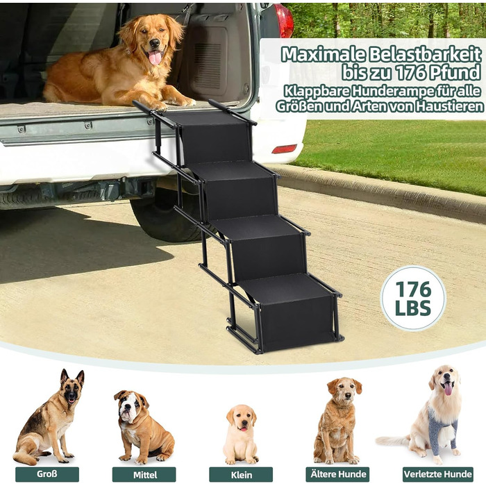 Сходинки для собак: портативна пандус для авто, 4 сходинки, чорний, до 80 кг