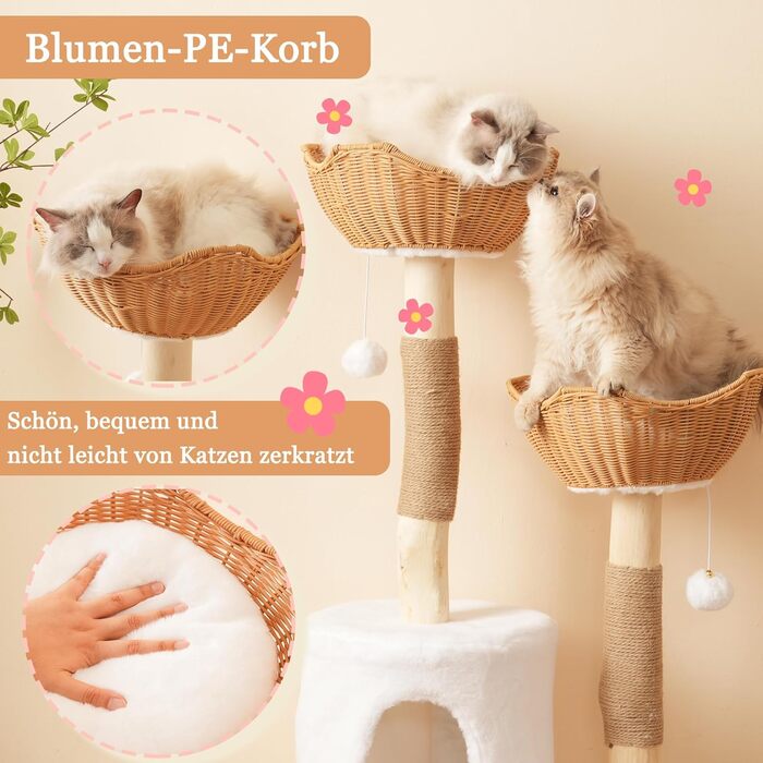 Кігтеточка для котів CareCooo 135 см з 12 стержнів, стабільна, з будиночком, сизаль, захист від перекидання, водонепроникна, для великих котів, коричнева/біла (Natural+White, XL)