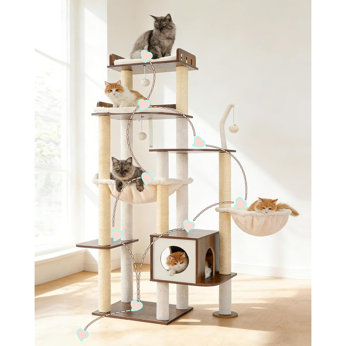 Дерев'яний котячий комплекс Heybly Kratzbaum HCT121WB (Vintage-Braun), 179 см, з будиночком, гамаком та сизалевими стовпчиками