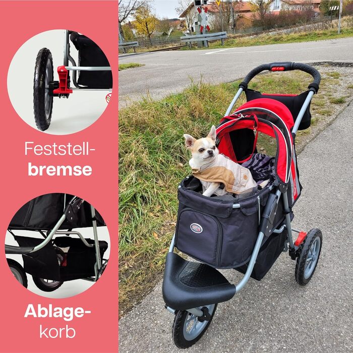 Візок для собак Innopet Comfort EFA Eco чорний/червоний – розкладний візок для собак та котів, підходить для лісу та пляжу, з великими колесами 30см, вантажопідйомність 25кг, з повідками