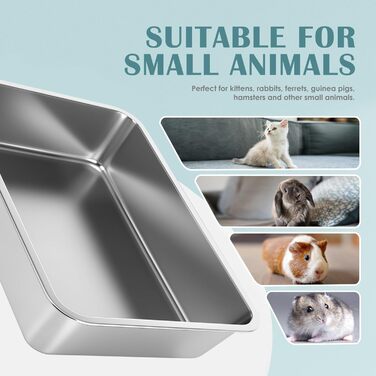 IKITCHEN Великий котячий туалет із нержавіючої сталі 45×35×10 см, металева лоток для котів і кроликів, антипригарна гладка поверхня, без запаху, сріблястий
