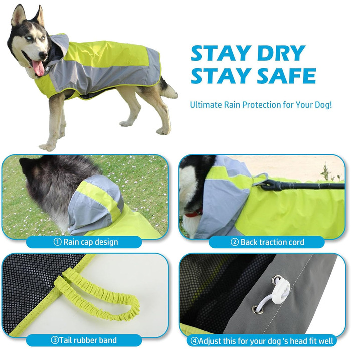 Водонепроникний дощовик для собак, регульований, з відбиваючими смугами та капюшоном, для прогулянок на відкритому повітрі, для маленьких, середніх та великих собак (зелений, XXL)