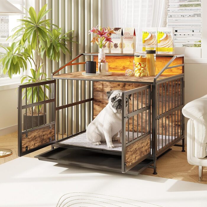 Клітка для собак FOUBAM з полицею для зберігання, столиком, велика/середня, чорна, 88x61x80 см