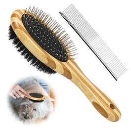 Двостороння щітка для грумінгу собак та котів з дерева, піни та щетини, для короткої та довгої шерсті (великий)