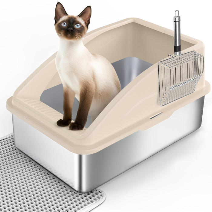 FURTIME Лоток для котів з нержавіючої сталі XXL, 28 л, велика місткість, проти протікань, з металевою лопаткою, 60x40x31 см, сріблястий