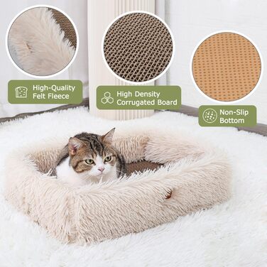 Котяче дряпальня з картону з коробкою для дряпання, міцне велике ліжко для котів, пухкі дряпальні дошки з гофрокартону, знімні, двосторонні, захист меблів (44×34×14см), Бежевий