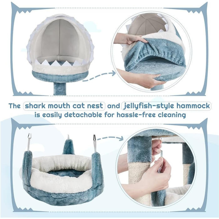 Дерев'яний будиночок для котів Yaheetech Meer Katzenbaum 155 см, когтеточка, блакитно-білий, з гамаком та платформою