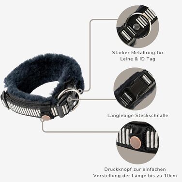 Інноваційний нашийник для собак CHRIS з ланолінової вовни, зменшує випадіння шерсті, з підкладкою, світловідбиваючий, регульований, для собак малих, середніх та великих порід, розміри M (35-45см), L (45-55см), XL (55-65см), колір антрацит
