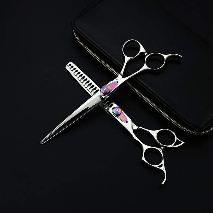 Набір професійних ножиць для грумінгу собак: філірувальна та пряма, титанове покриття, 18 см, ліва рука