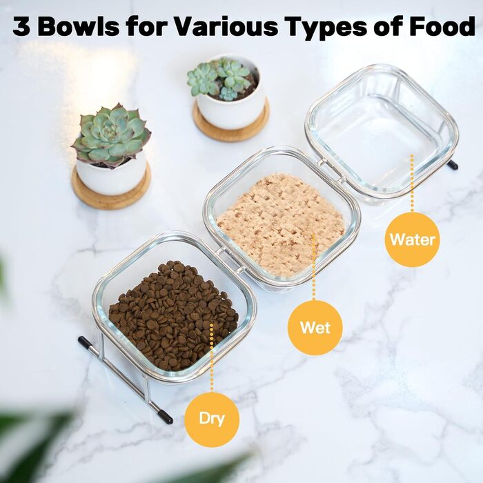 Підвищені миски для котів, 15° нахил, скляні миски для корму, нержавіюча сталь, антиковзні ніжки, 3 миски, для котів та маленьких собак