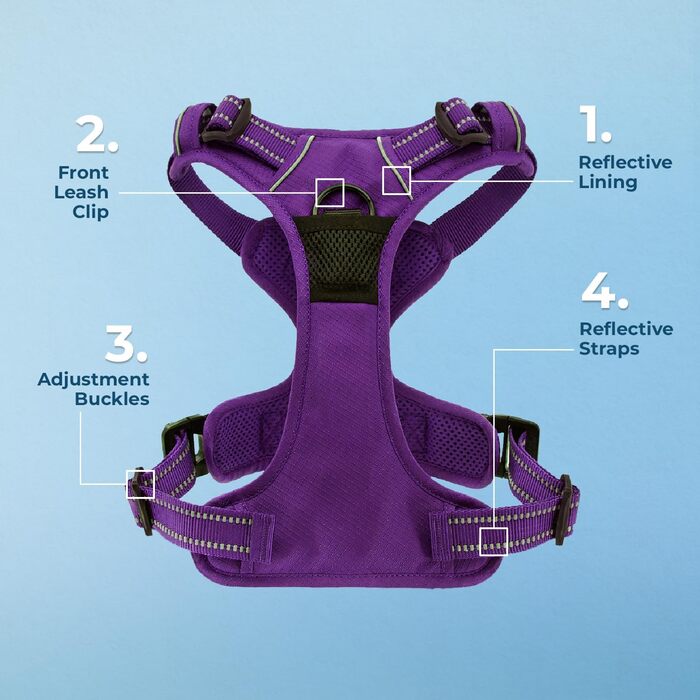 Регульована шлейка для собак Voyager Von Best Pet Supplies з 3M відбивачем, подвійним кріпленням, не тягне, фіолетова