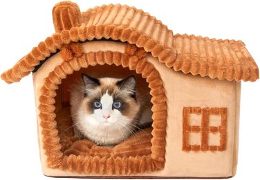 Jiupety Будиночок для кота з вушками ведмедя, тепла складна котяча хатка з димарем, знімний антиковзкий матрац, для котів вагою 1.4-3.2 кг, просторий, для всіх сезонів