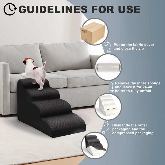 Сходинки для собак Mozvvco - 4 сходинки, для маленьких собак, м'який матеріал, знімний чохол, чорного кольору