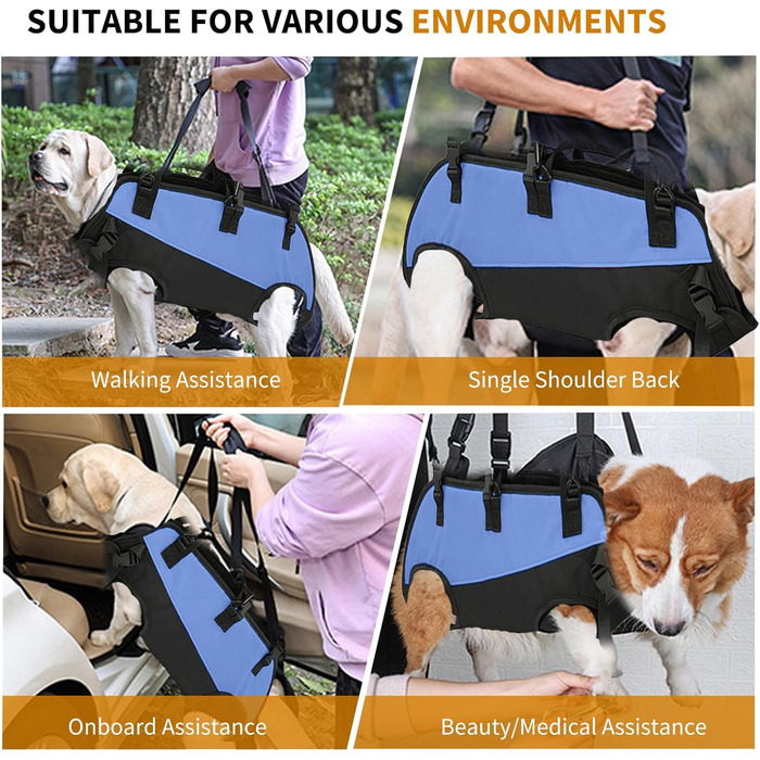 PETCUTE Рюкзак-переноска для собак, жилет-рюкзак для великих собак, повний жилет з ручкою, регульований рюкзак для собак похилого віку, з травмами суглобів, артритом, підходить для 7.5-15 кг (S, чорний+синій)