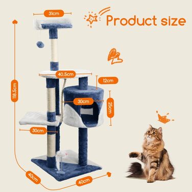 Nobleza Котячий комплекс 118,5 см, дряпка з 3 платформами, будиночком, іграшками, синій